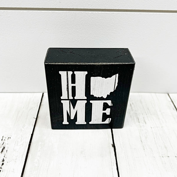 3 inch wooden mini block sign with ohio home - ohio as the O in home in white woodgrain pattern - top