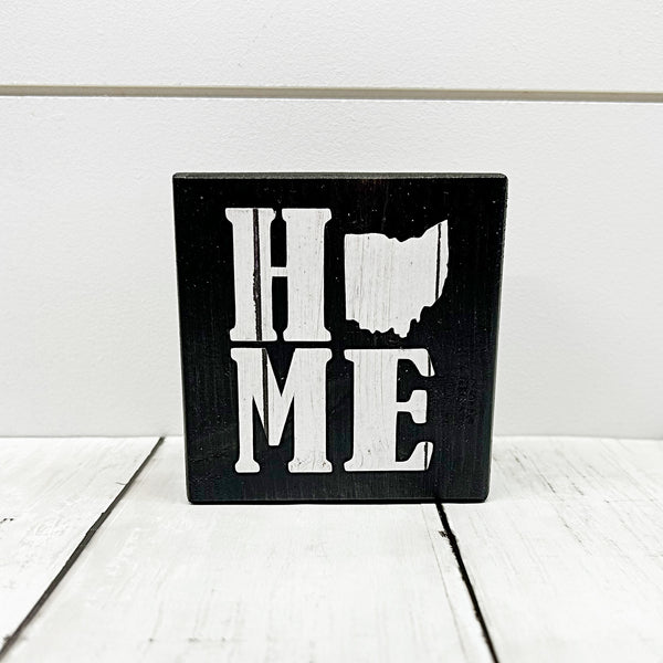 3 inch wooden mini block sign with ohio home - ohio as the O in home in white woodgrain pattern - front