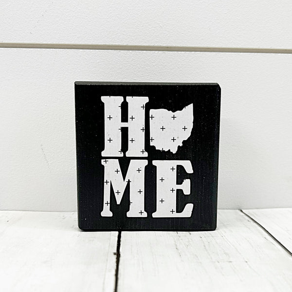 Ohio home mini block sign - wooden block with white letters and the state of ohio in place of the o - side