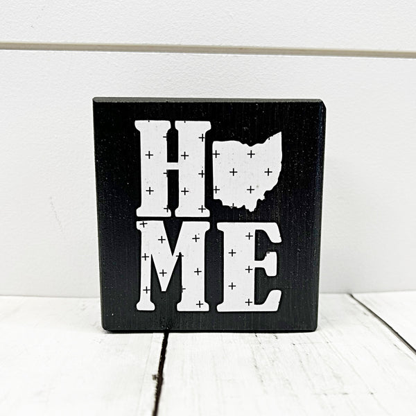 Ohio home mini block sign - wooden block with white letters and the state of ohio in place of the o - side