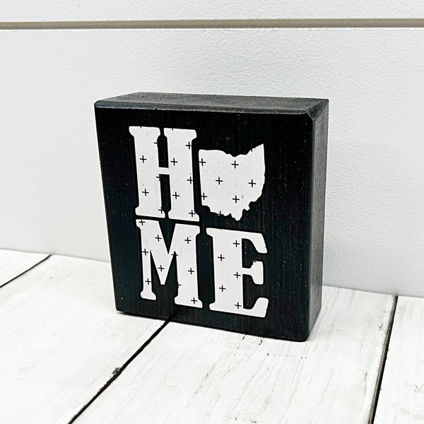 Ohio home mini block sign - wooden block with white letters and the state of ohio in place of the o - side