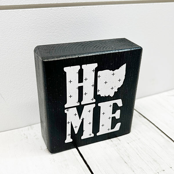 Ohio home mini block sign - wooden block with white letters and the state of ohio in place of the o - top