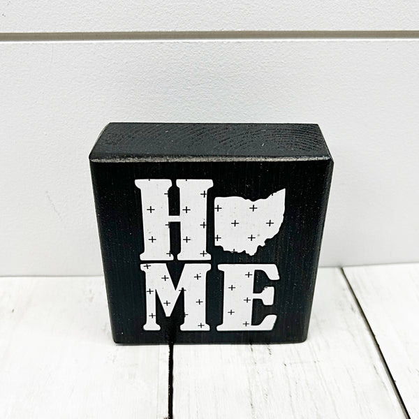 Ohio home mini block sign - wooden block with white letters and the state of ohio in place of the o - top