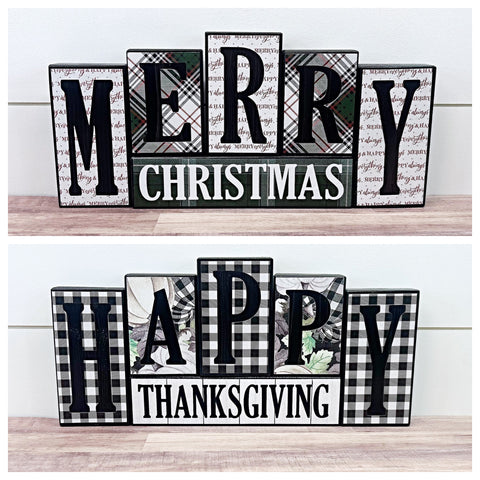 Reversible Merry Christmas and Happy Thanksgiving Letter Block Set for Mantle or Shelf Decor