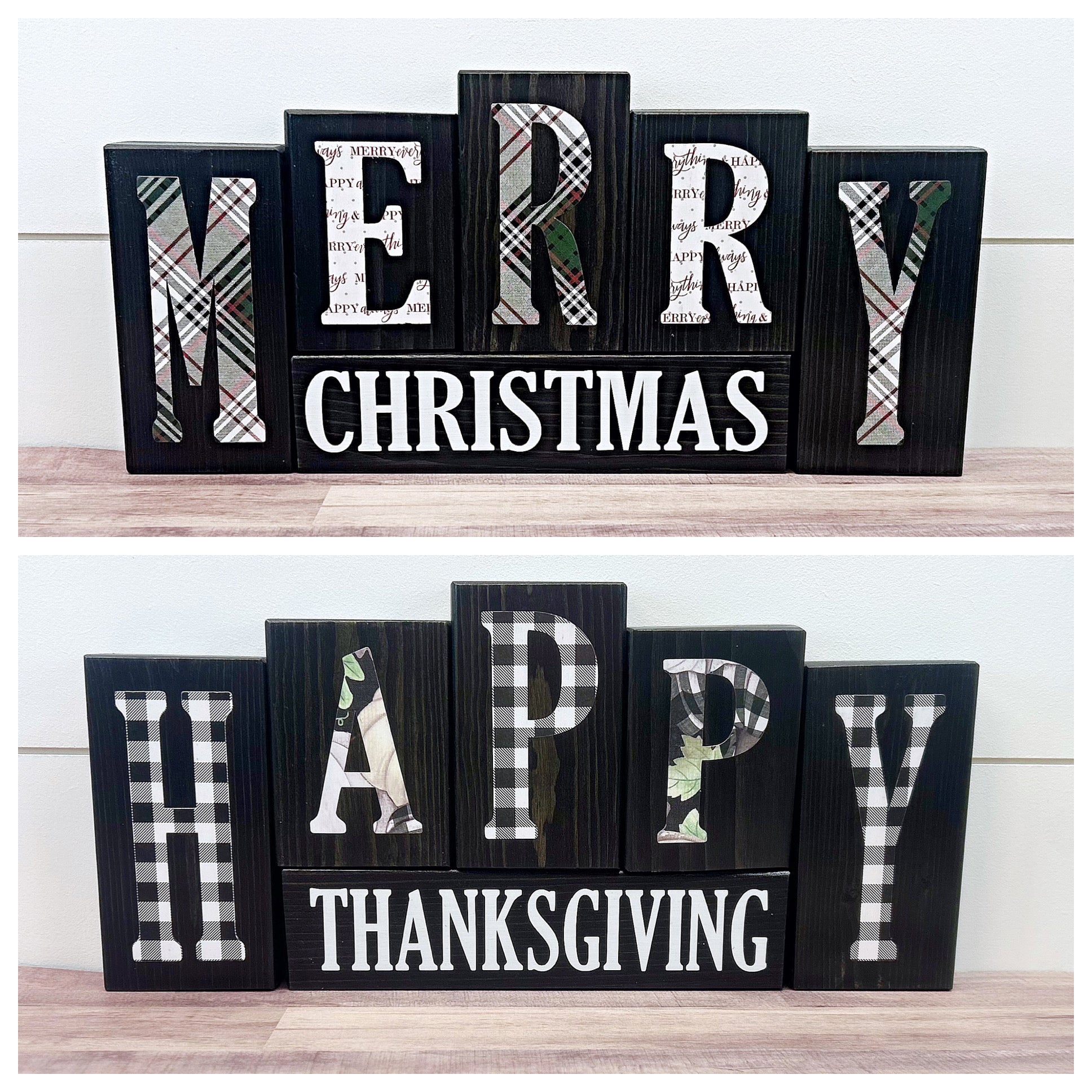 Reversible Merry Christmas and Happy Thanksgiving Letter Block Set for Mantle or Shelf Decor