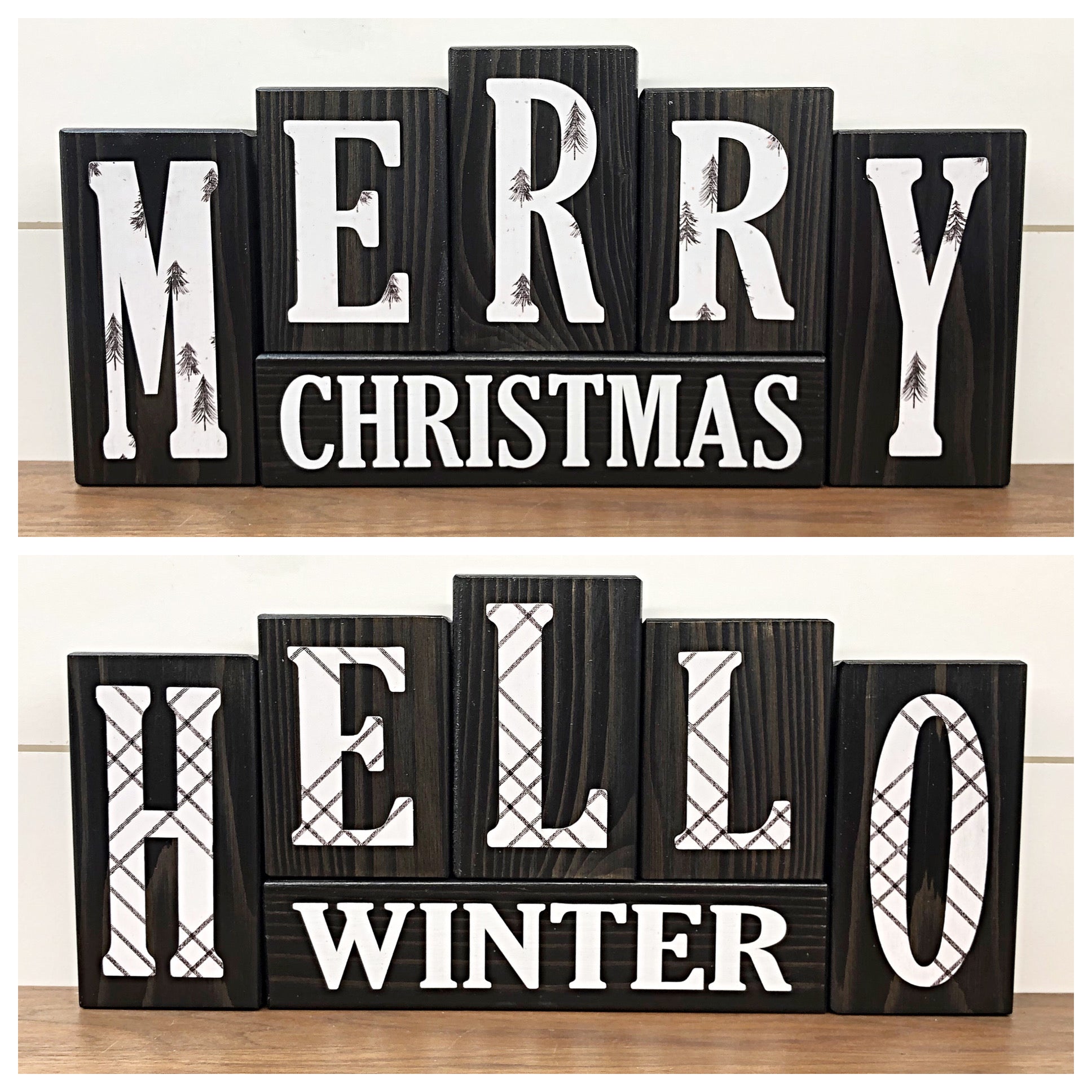 Black and White Reversible Christmas and  Winter Letter Block Set for Modern Farmhouse Shelf or Mantle Decor