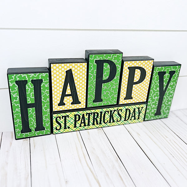 Happy Valentine's Day/St. Patrick's Day Reversible Wooden Letter Block Set, Double Sided Holiday Decor for Shelf, Mantle or Tabletop