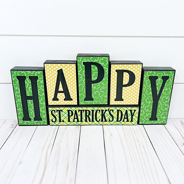 Happy Valentine's Day/St. Patrick's Day Reversible Wooden Letter Block Set, Double Sided Holiday Decor for Shelf, Mantle or Tabletop