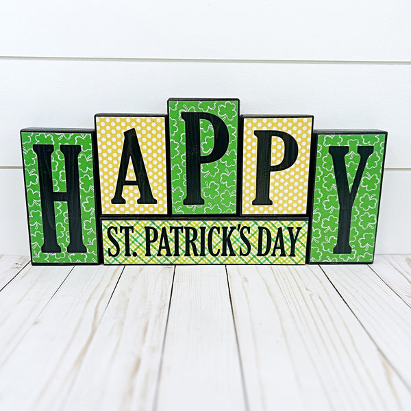 Happy Valentine's Day/St. Patrick's Day Reversible Wooden Letter Block Set, Double Sided Holiday Decor for Shelf, Mantle or Tabletop