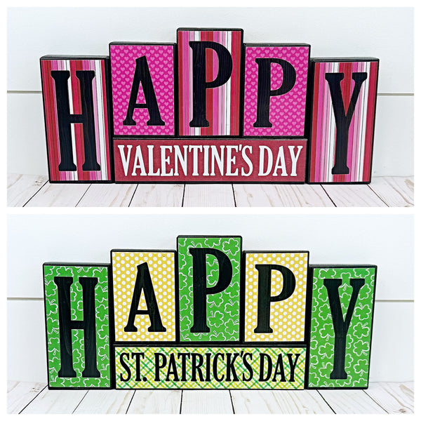 Happy Valentine's Day/St. Patrick's Day Reversible Wooden Letter Block Set, Double Sided Holiday Decor for Shelf, Mantle or Tabletop