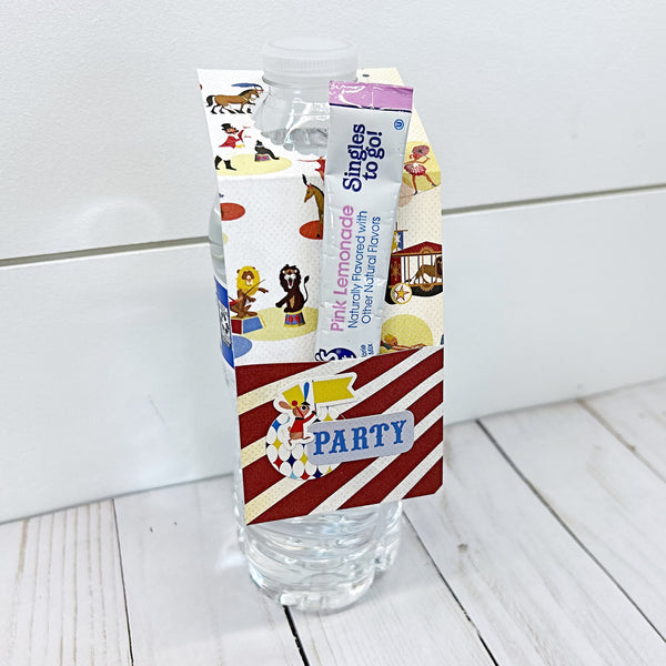 Assorted Circus Themed Water Bottle Drink Tags With Pocket for Powdered Drink Mix, Party or Shower Favor