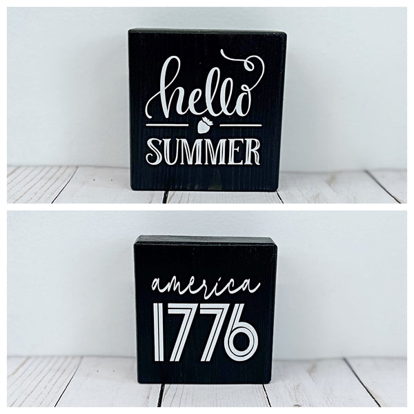 Reversible Summer and July 4th Mini Wooden Block Sign, Farmhouse Decor for Shelf, Tabletop or Tiered Tray