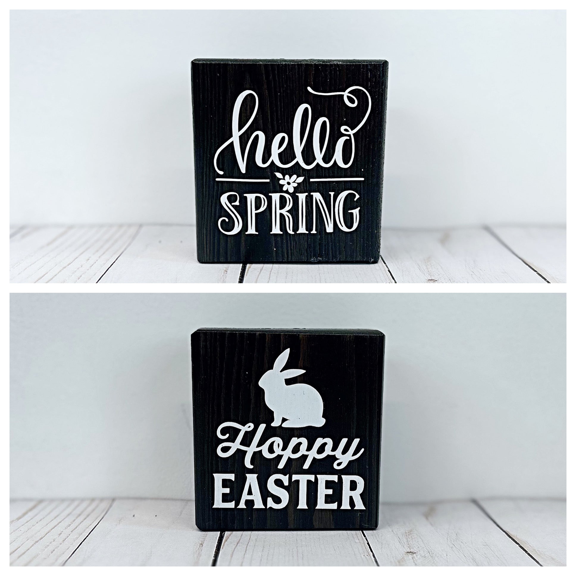 Reversible Easter and Spring Mini Wooden Block Sign, Farmhouse Decor for Shelf, Tabletop or Tiered Tray