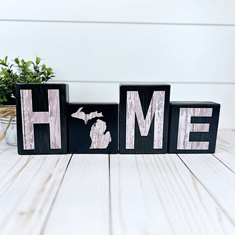 Michigan Home Letter Block Set, Farmhouse Style Wooden Decor for Shelf, Mantle or Tabletop
