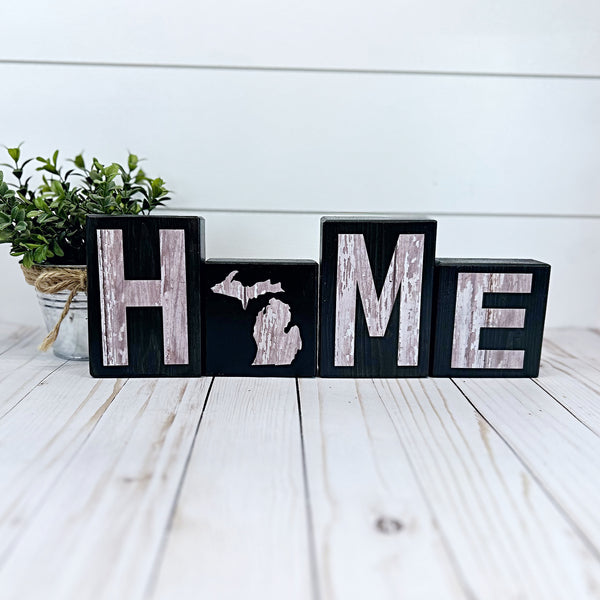 Michigan Home Letter Block Set, Farmhouse Style Wooden Decor for Shelf, Mantle or Tabletop