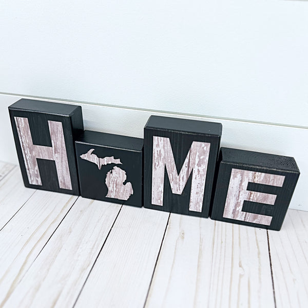 Michigan Home Letter Block Set, Farmhouse Style Wooden Decor for Shelf, Mantle or Tabletop