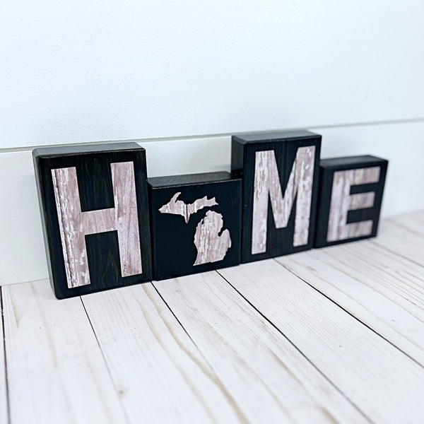 Michigan Home Letter Block Set, Farmhouse Style Wooden Decor for Shelf, Mantle or Tabletop