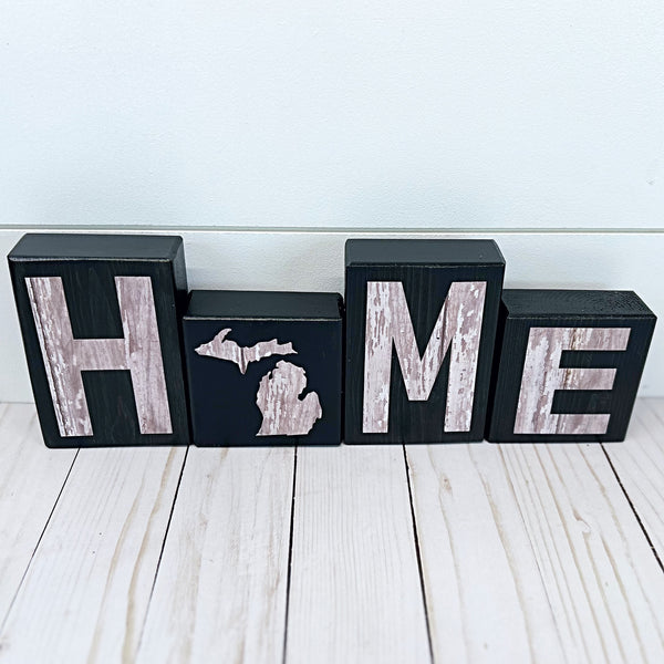 Michigan Home Letter Block Set, Farmhouse Style Wooden Decor for Shelf, Mantle or Tabletop