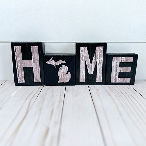 Michigan Home Letter Block Set, Farmhouse Style Wooden Decor for Shelf, Mantle or Tabletop