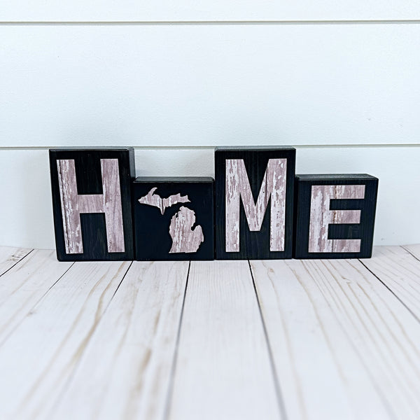 Michigan Home Letter Block Set, Farmhouse Style Wooden Decor for Shelf, Mantle or Tabletop