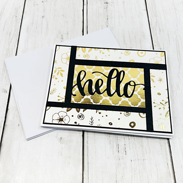 Elegant Gold Hello Note Card Set of 4, Handmade Greetings