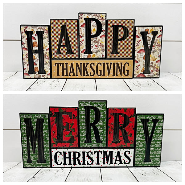 Happy Thanksgiving and Merry Christmas Reversible Block Set for Mantle or Shelf Decor