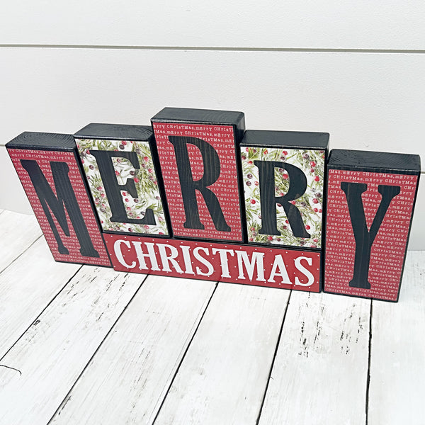 Double Sided Merry Christmas and Happy Thanksgiving Letter Block Set for Shelf or Mantle Decor