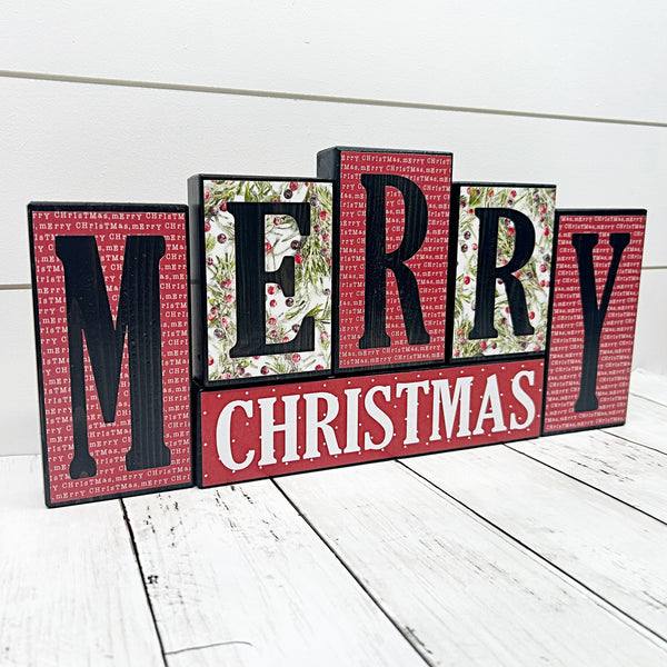 Double Sided Merry Christmas and Happy Thanksgiving Letter Block Set for Shelf or Mantle Decor
