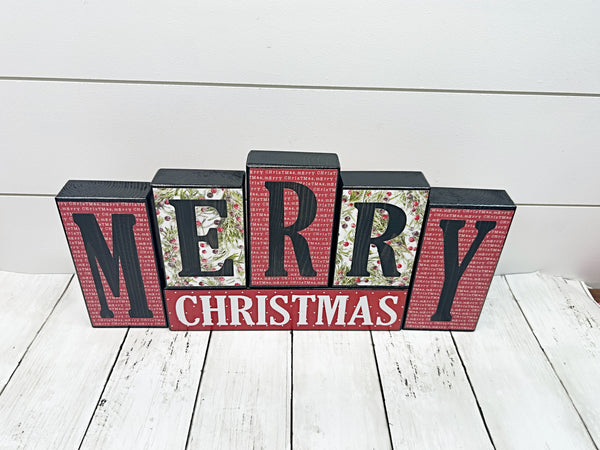 Double Sided Merry Christmas and Happy Thanksgiving Letter Block Set for Shelf or Mantle Decor