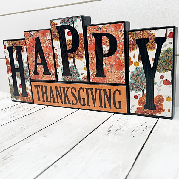 Double Sided Merry Christmas and Happy Thanksgiving Letter Block Set for Shelf or Mantle Decor