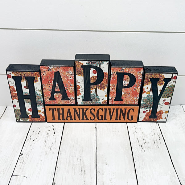 Double Sided Merry Christmas and Happy Thanksgiving Letter Block Set for Shelf or Mantle Decor