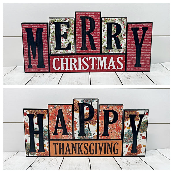 Double Sided Merry Christmas and Happy Thanksgiving Letter Block Set for Shelf or Mantle Decor