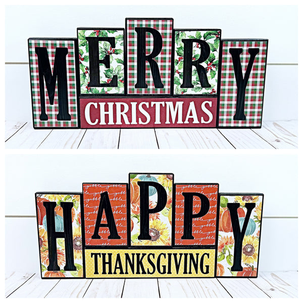 Reversible Happy Thanksgiving and Merry Christmas Block Set for Mantle or Shelf Decor