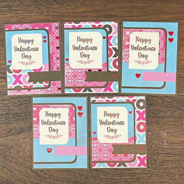 Pink and blue valentine's day card set of 6 with white envelopes