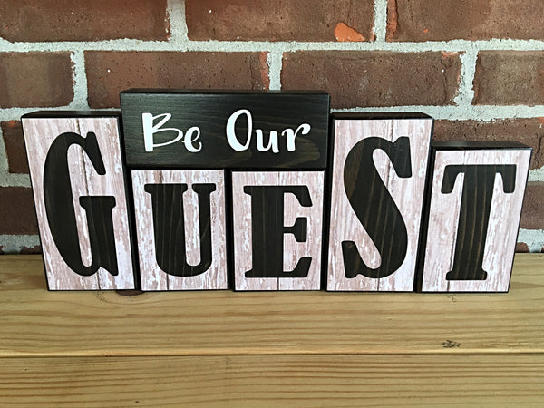 Be Our Guest Rustic Wooden Letter Block Set , Farmhouse Style Decor for Guest Bedroom or Entryway