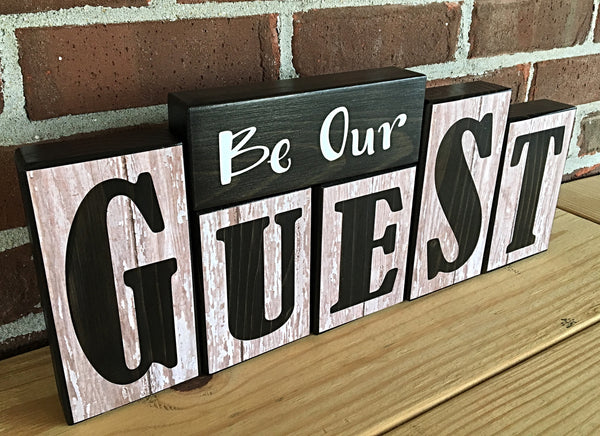 Be Our Guest Rustic Wooden Letter Block Set , Farmhouse Style Decor for Guest Bedroom or Entryway