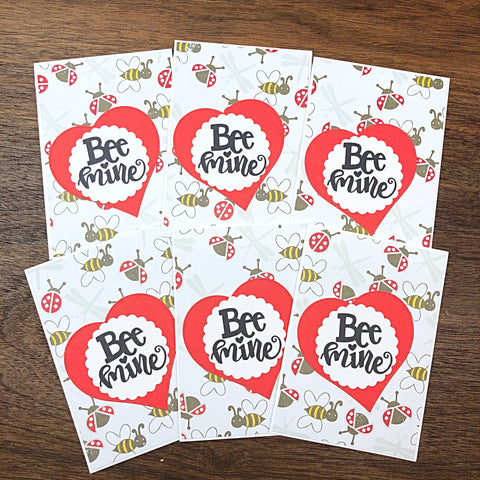 Bee Mine Valentine's Day Card Set  of 6, Simple Handmade Blank Note Cards