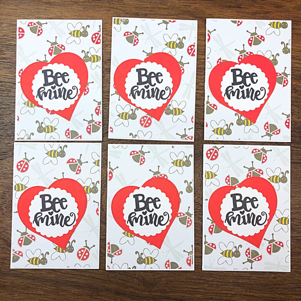 Bee Mine Valentine's Day Card Set  of 6, Simple Handmade Blank Note Cards