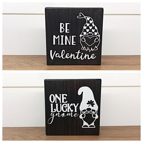 Valentine's and St. Patrick's Day Reversible Gnome Block Sign, Be Mine and One Lucky Gnome Wooden Farmhouse Decor