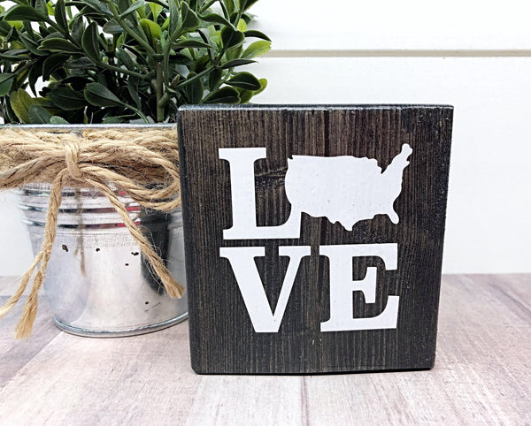 Love America Mini Block, 3 Inch USA Block Sign for Tiered Tray or Shelf Decor