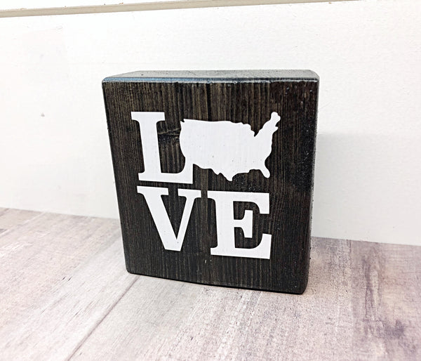 Love America Mini Block, 3 Inch USA Block Sign for Tiered Tray or Shelf Decor