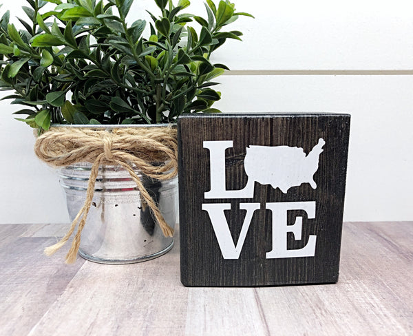 Love America Mini Block, 3 Inch USA Block Sign for Tiered Tray or Shelf Decor