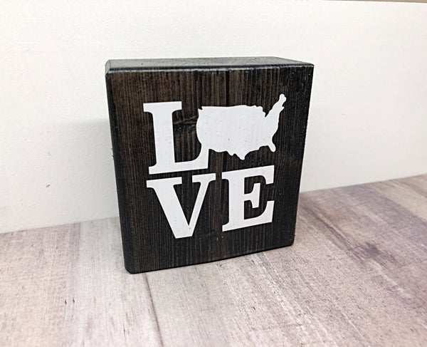 Love America Mini Block, 3 Inch USA Block Sign for Tiered Tray or Shelf Decor