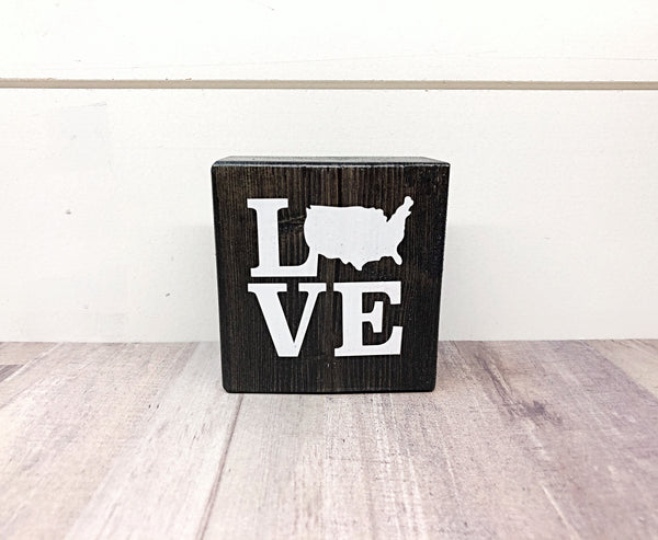 Love America Mini Block, 3 Inch USA Block Sign for Tiered Tray or Shelf Decor