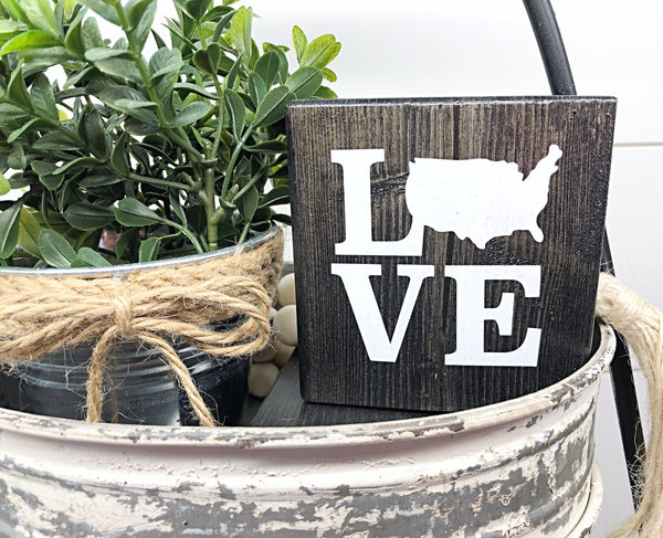 Love America Mini Block, 3 Inch USA Block Sign for Tiered Tray or Shelf Decor