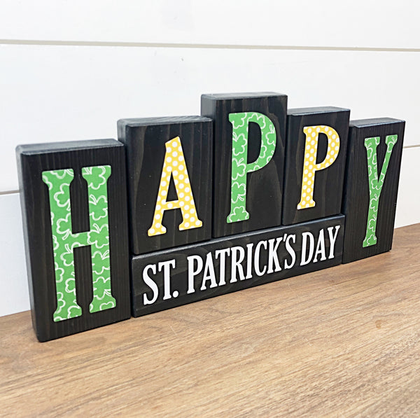 Happy Valentine's Day and St. Patrick's Day Reversible Wooden Letter Block Set, Double Sided Holiday Decor for Shelf, Mantle or Tabletop