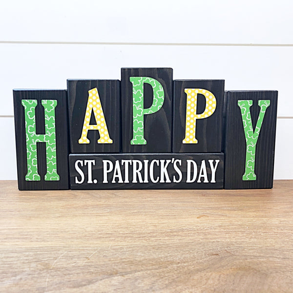 Happy Valentine's Day and St. Patrick's Day Reversible Wooden Letter Block Set, Double Sided Holiday Decor for Shelf, Mantle or Tabletop