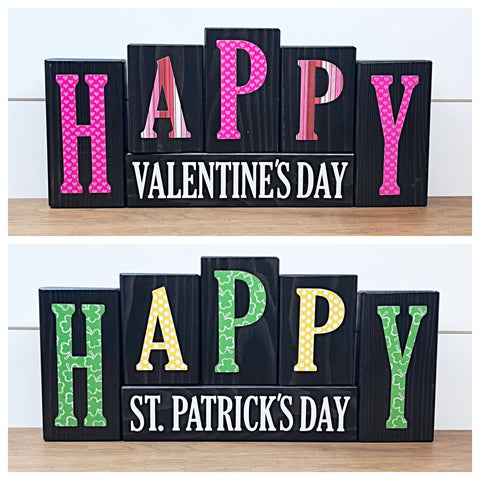 Happy Valentine's Day and St. Patrick's Day Reversible Wooden Letter Block Set, Double Sided Holiday Decor for Shelf, Mantle or Tabletop