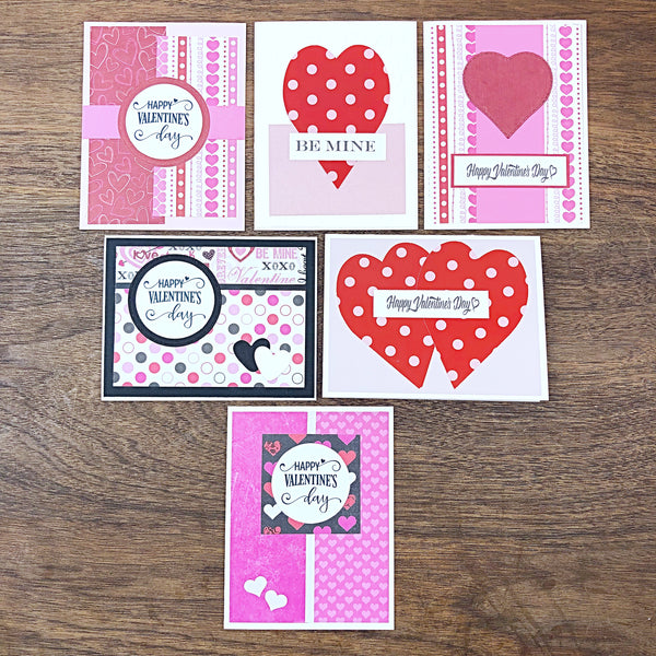 Simple Valentine's Day Card Set of 6,  Pink and Red Handmade Note Cards