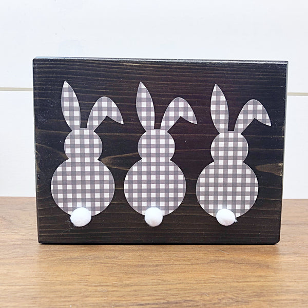 Triple Bunny Easter and Spring Rustic Wooden Block Sign, Farmhouse Style Decor for Shelf, Mantle or Tabletop